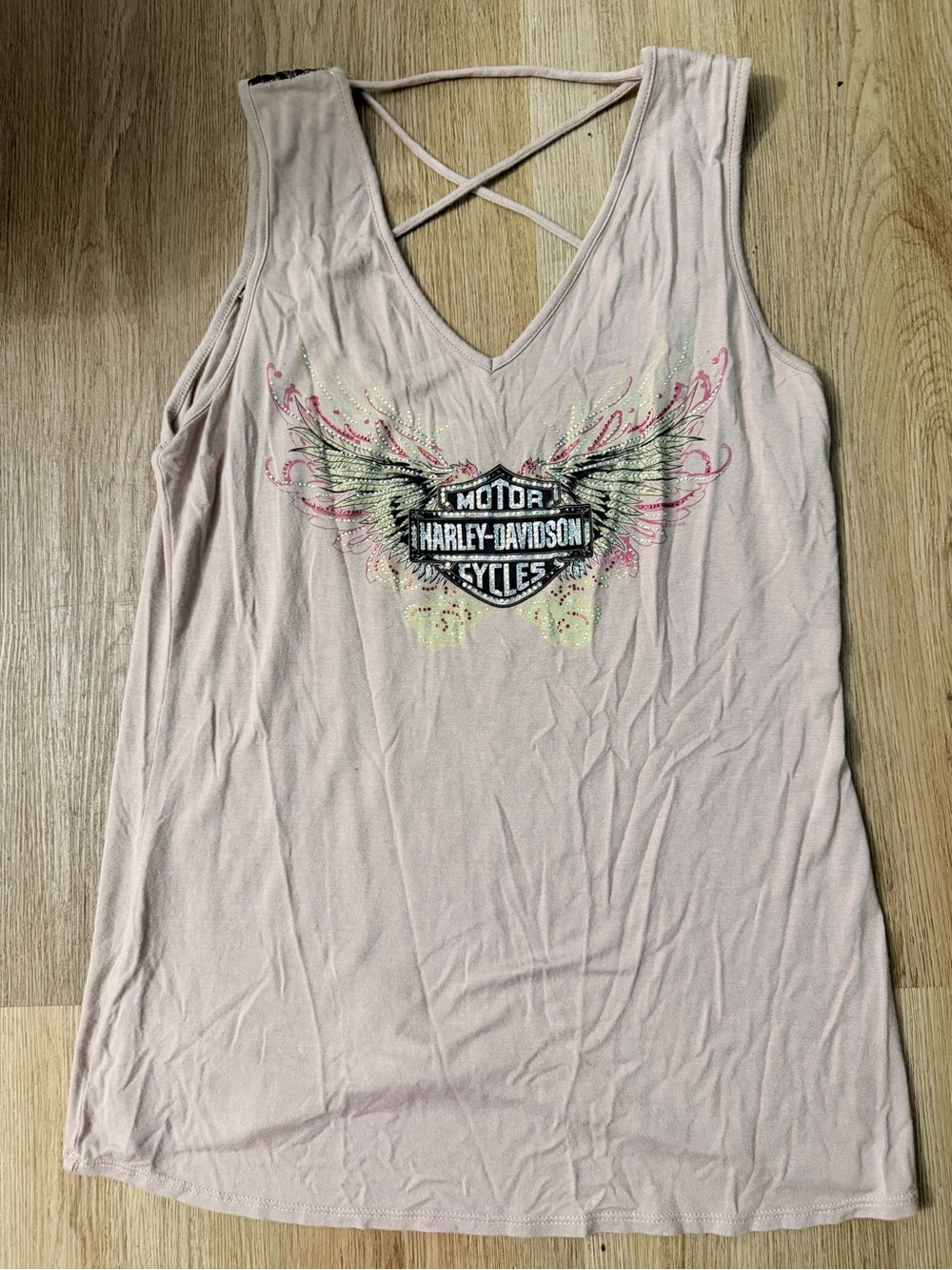 Vintage Harley-Davidson Women's Pink Sleeveless V-NeckTank w/ bedazzledWing Logo